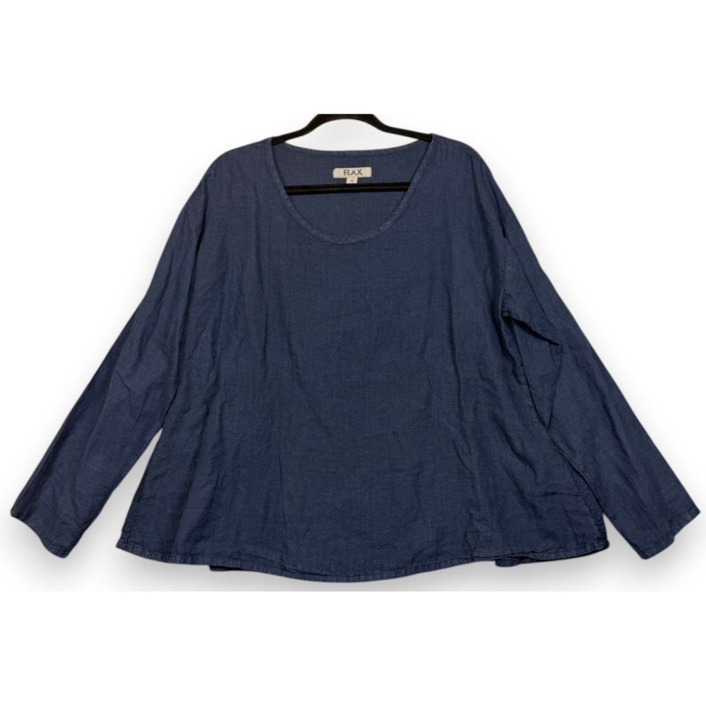 FLAX Top Womens S Blue Linen Long Sleeve Scoop Neck Textured Polka Dot Back